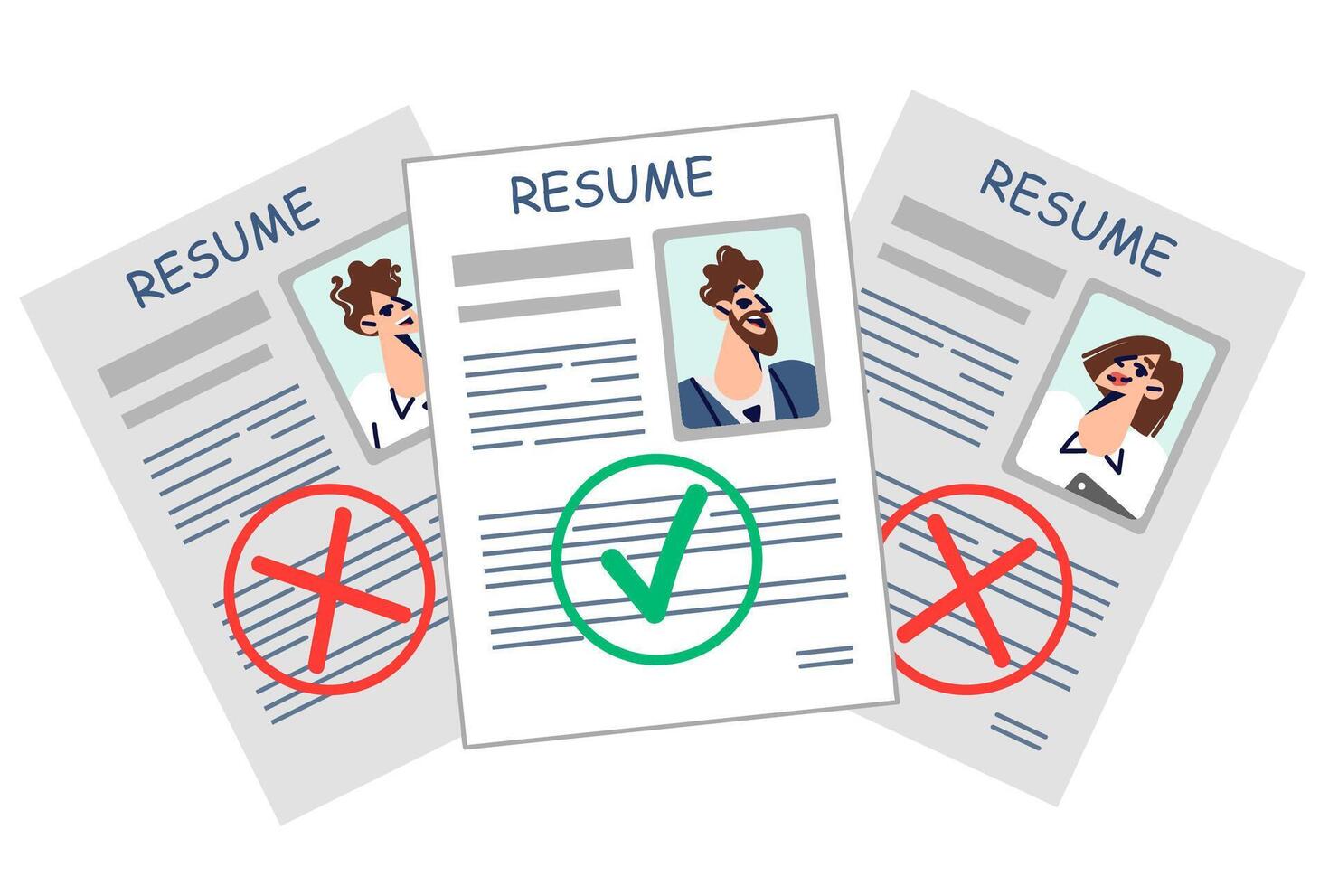 Paper resumes and cvs of candidates for vacant position with stamps of approval or refusal to hire vector