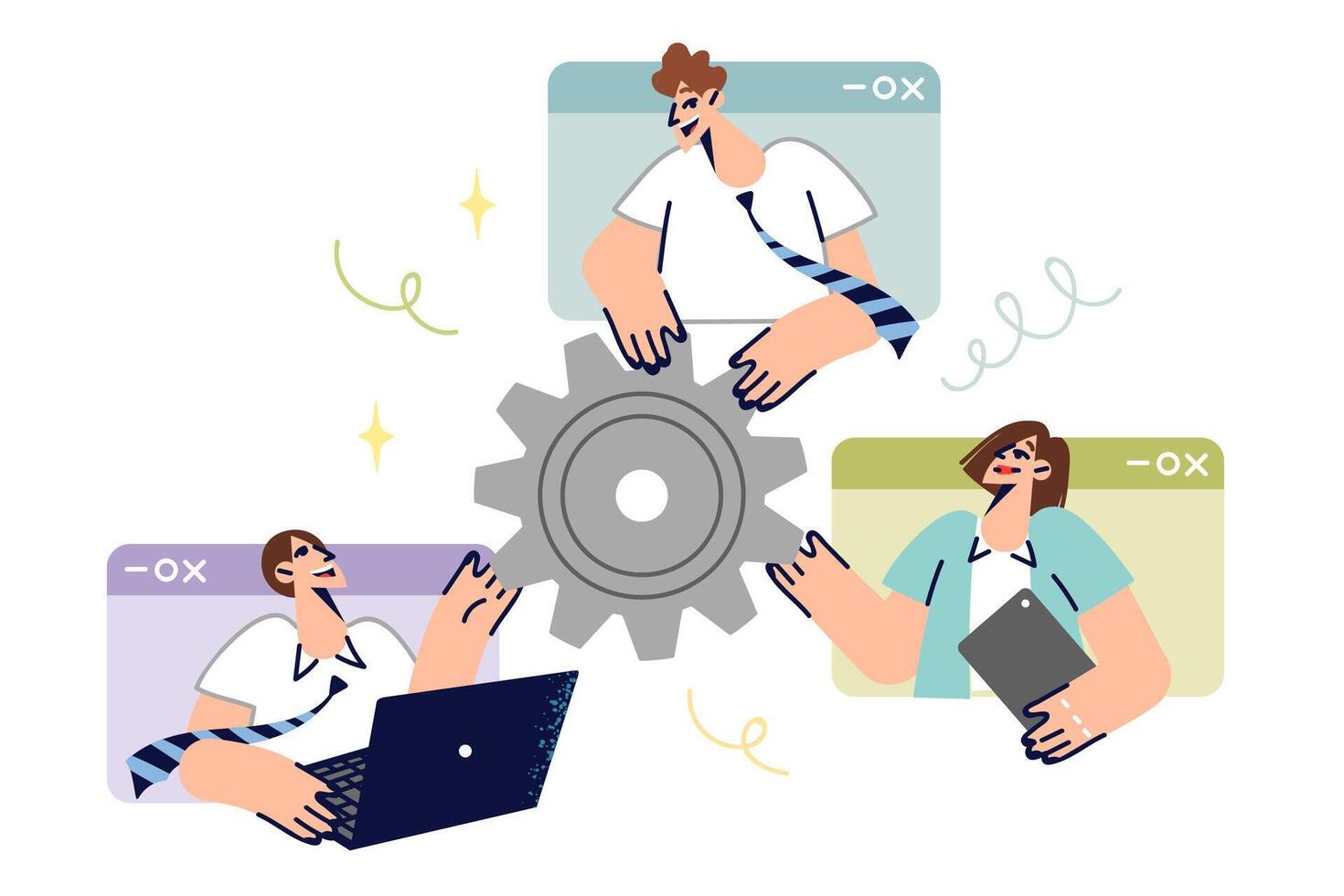 Business analysis from team of employees, looking out of computer windows and holding gear vector