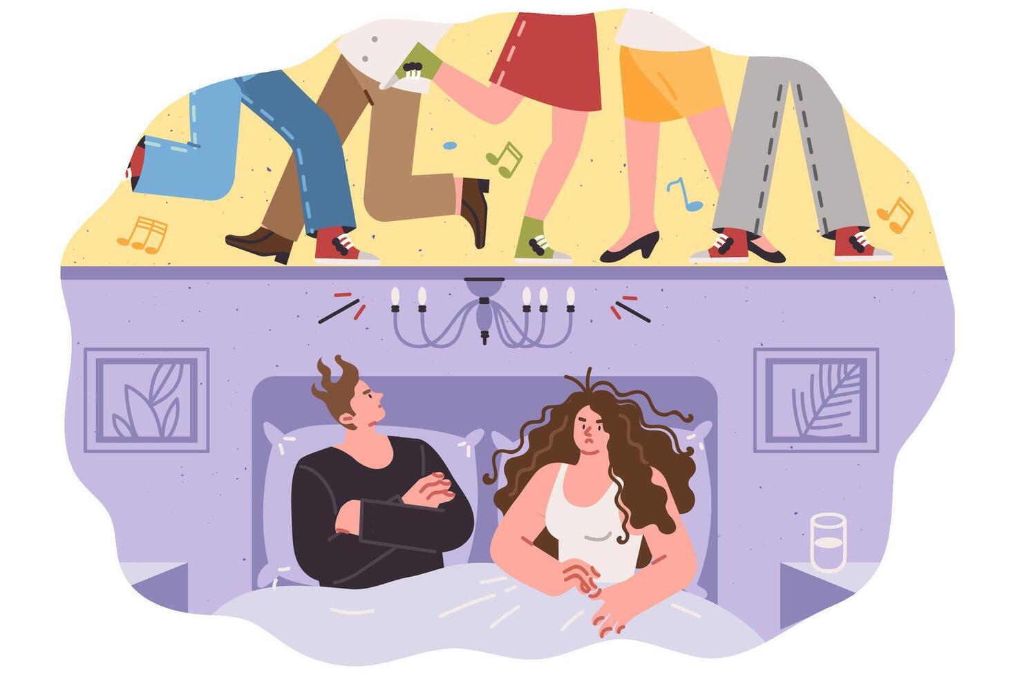 Noisy neighbors who are having party are disturbing sleep of married couple lying in bed vector