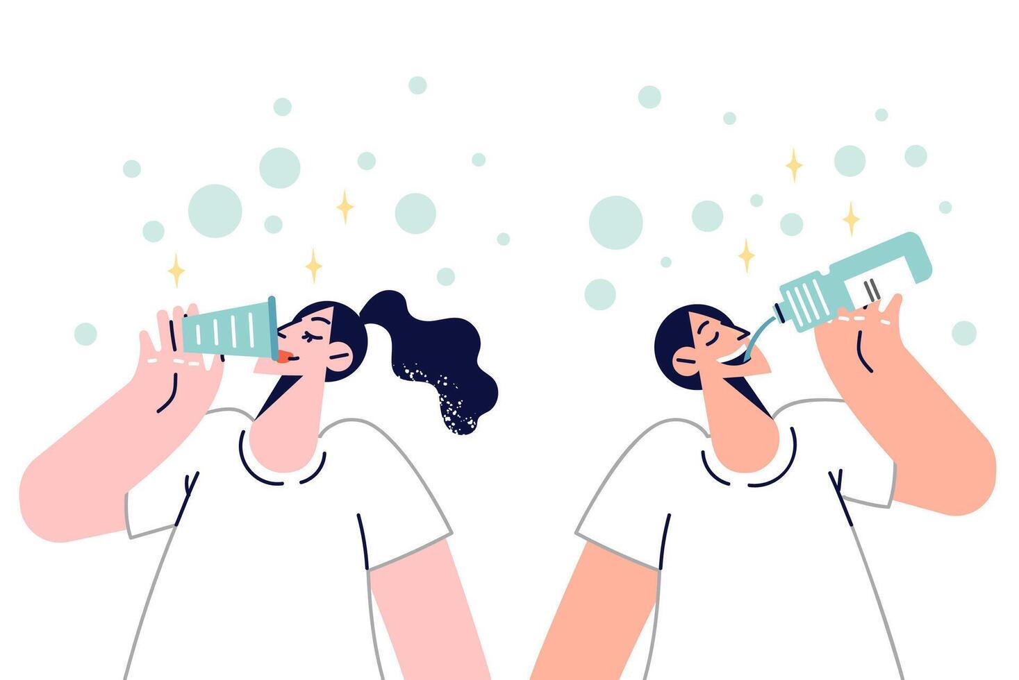 Man and woman drink fresh water from mineral spring to refresh themselves on hot summer day vector