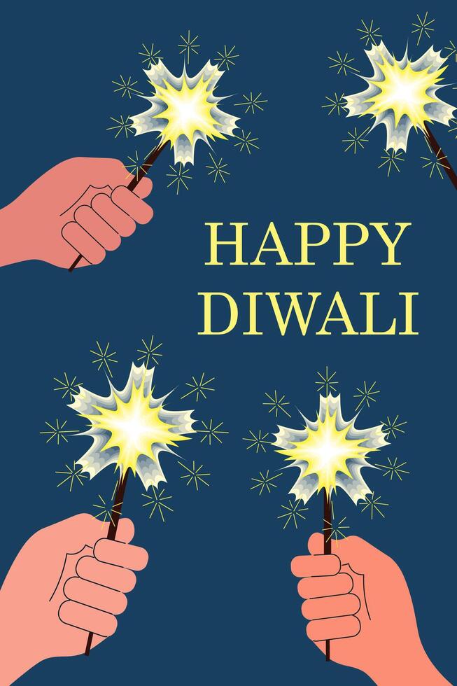 Happy Diwali. hand holding sparklers on dark background. vertical banner vector