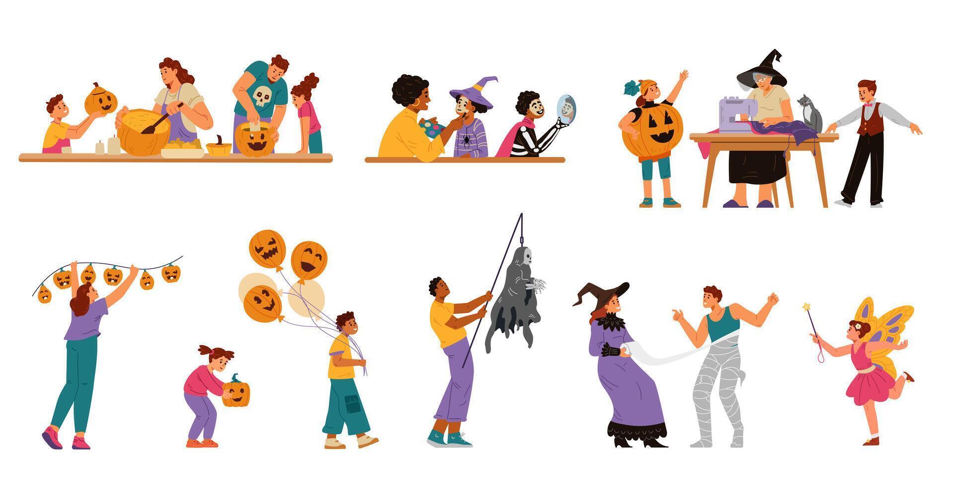 People getting ready for Halloween celebration flat illustrations set isolated on white. Family carving pumpkins, decorating, making costumes, putting on makeup. vector