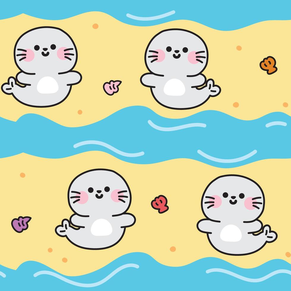 Seamless pattern of cute seal stay on sand beach with shell background.Summer.Mammals animal character cartoon design.Kawaii.Illustration. vector