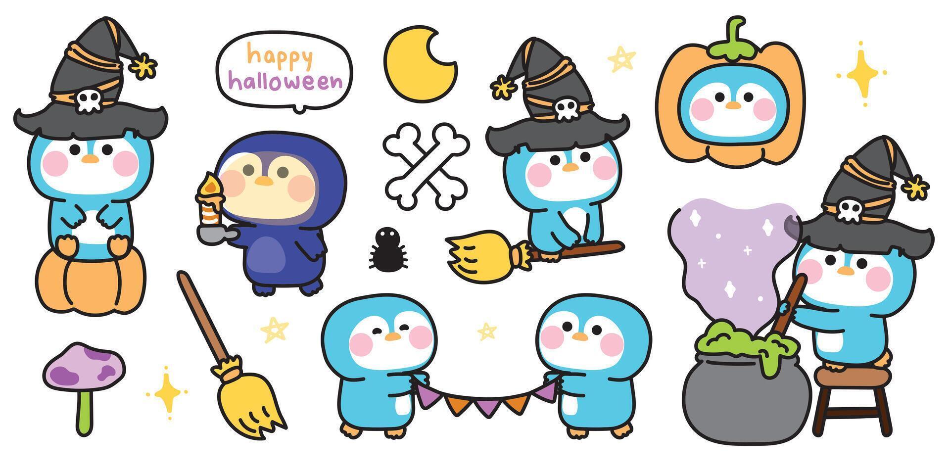 Happy halloween.Set of cute penguin in various poses halloween festival.Pumpkin,magic,poison,broom,spider hand drawn.Witch.Moon.Night.Animal cartoon.Kawaii.Illustration. vector