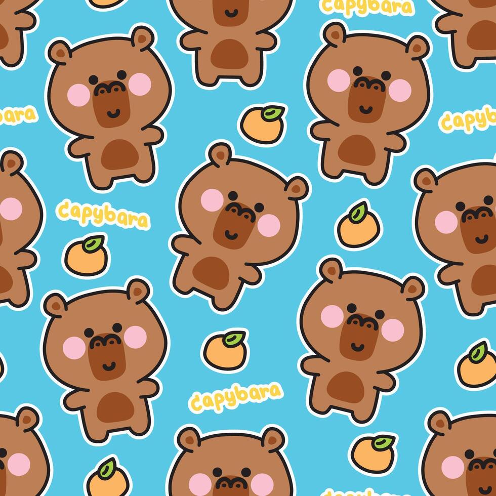 Seamless pattern of cute capybara with orange background.Rodent animal character cartoon design.Kawaii.Illustration. vector