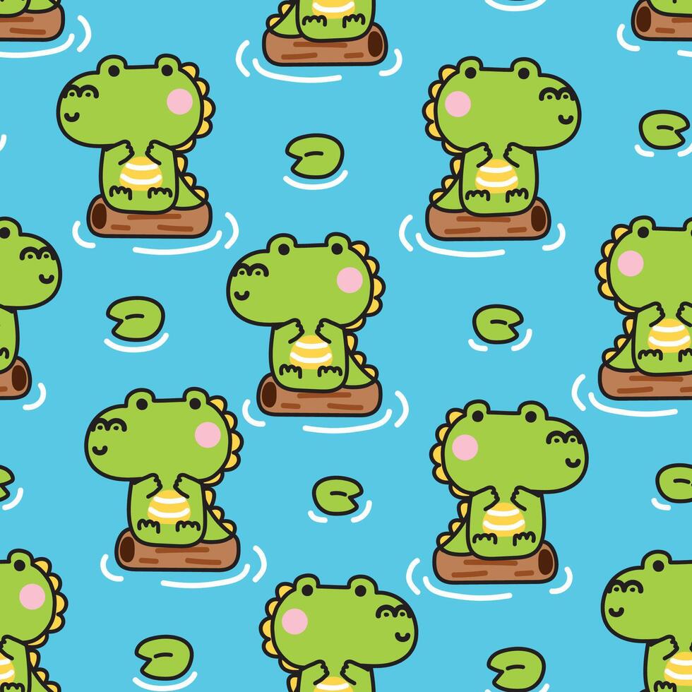 Seamless pattern of cute crocodile sit on wood with lotus leaf river background.Reptile animal character cartoon design.Image for card,print screen,baby clothing.Kawaii.Illustration. vector