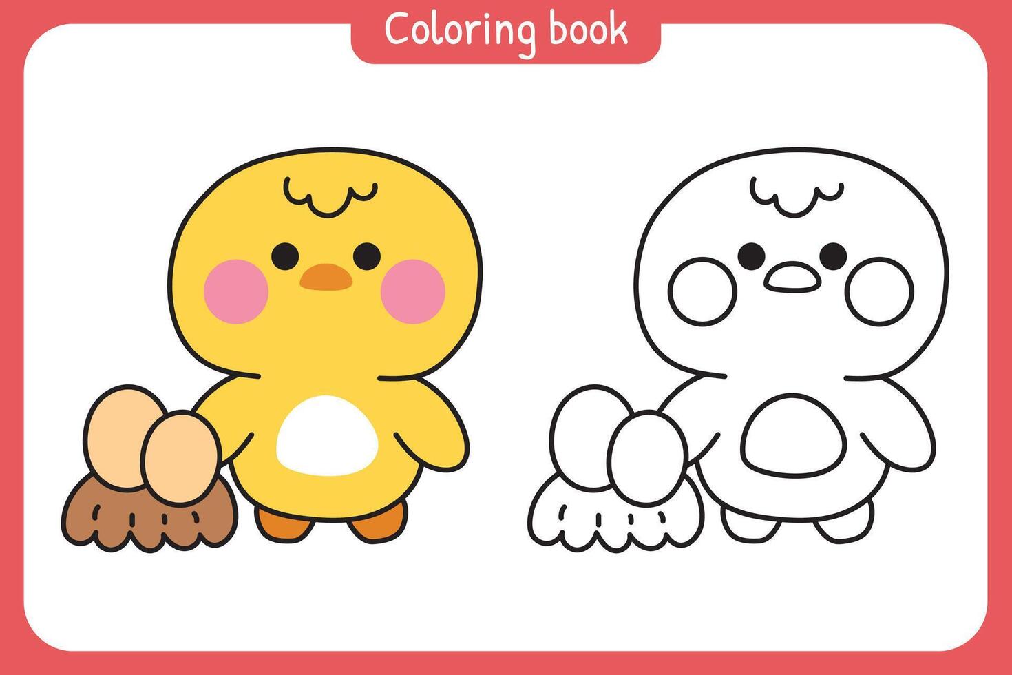 Coloring book.Painting book for kid.School.Page.Cute chicken with eggs.Farm bird animal character cartoon design.Kawaii.Illustration. vector