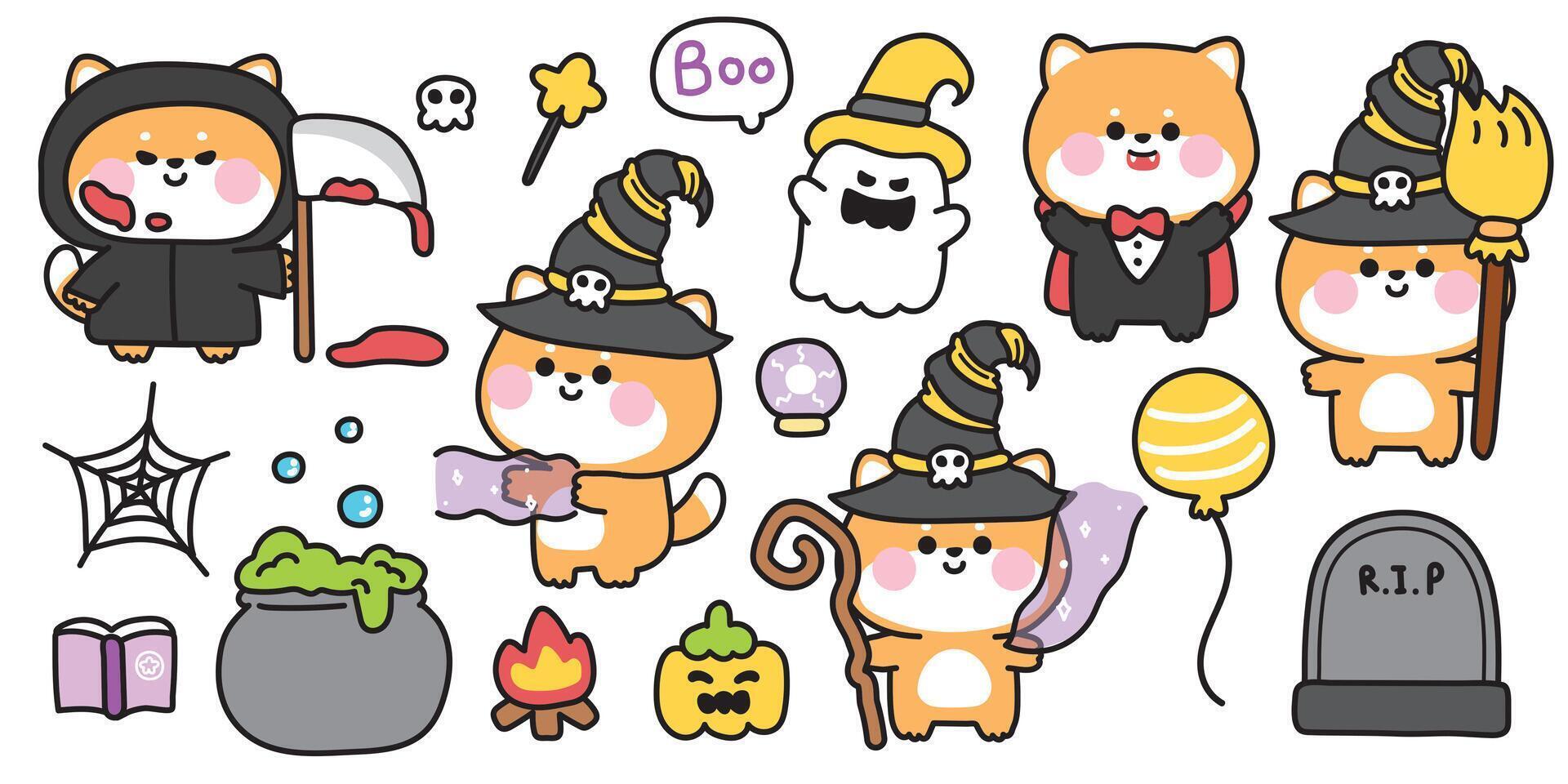 Happy halloween.Set of cute shiba inu dog in various poses halloween festival.Balloon,pumpkin,magic,poison,ghost,skull hand drawn.Witch.Devil.Zombies.Dracula.Night.Animal cartoon.Kawaii. vector