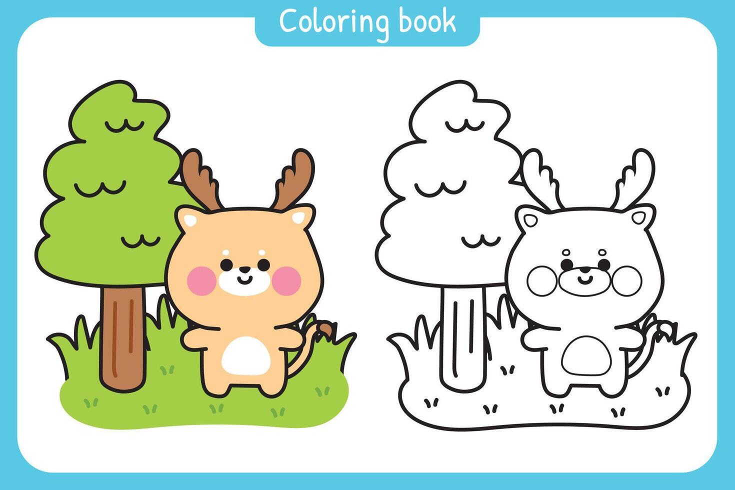 Coloring book.Painting book for kid.School.Page.Cute deer stand with tree on grass background.Jungle.Wild animal character cartoon design.Kawaii.Illustration. vector