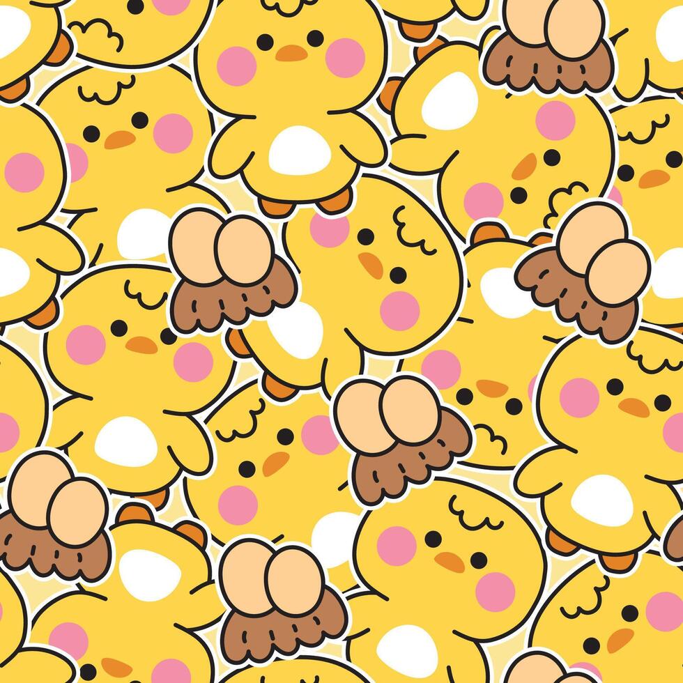 Seamless pattern of cute chicken with eggs sticker background.Farm bird animal character cartoon design.Image for card,print screen,baby clothing.Kawaii.Illustration. vector