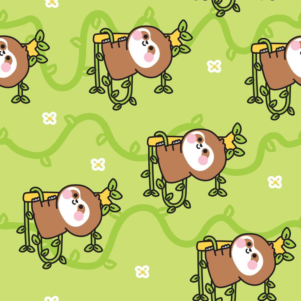 Seamless pattern cute sloth is climbing on the tree with vine background.Wild animal character cartoon design.Image for card,poster,baby clothing.Kawaii.Illustration. vector