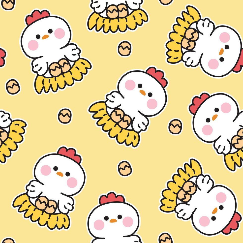 Seamless pattern of cute hen hatching background.Eggs.Farm animal character cartoon design.Kawaii.Illustration. vector
