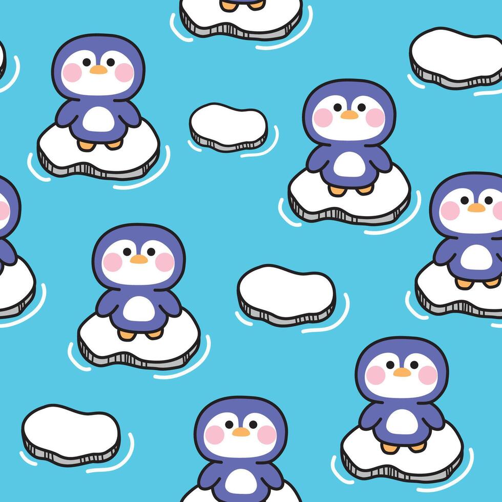 Seamless pattern of cute penguin stand on ice background.Winter.North pole.Bird animal character cartoon design.Image for card,sticker,baby clothing.Kawaii.Illustration. vector