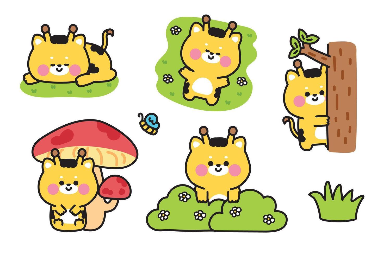 Set of cute various poses giraffe in jungle.Nature.Butterfly,flower,mushroom,tree,grass hand drawn.Wild animal character cartoon design.Baby graphic.Kawaii.Illustration. vector