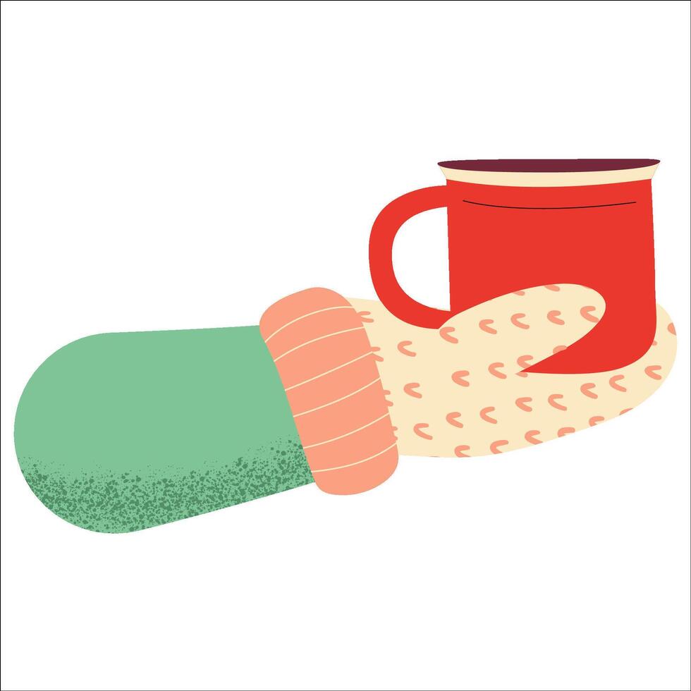 A hand in mittens holds a cup of coffee. Cup with Christmas design. Hello Winter seasonal concept. vector