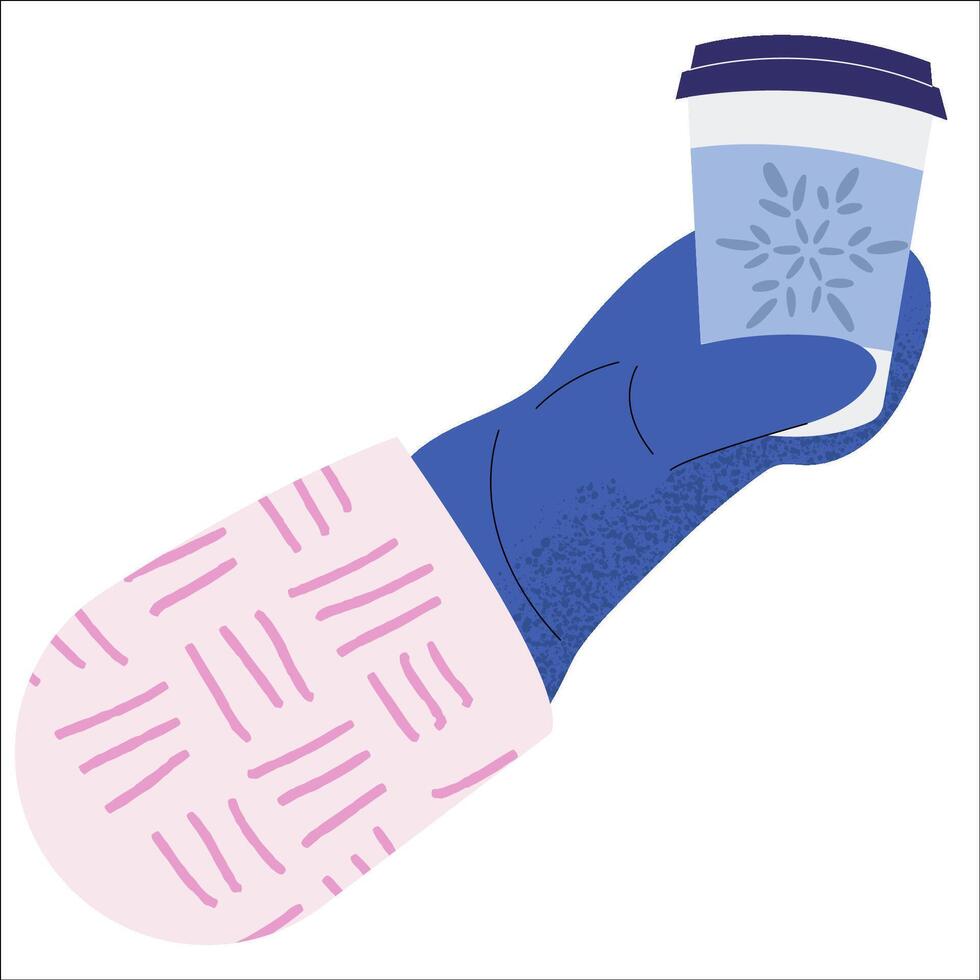 Coffee cups with snowflake. A hand in mittens holds a cup of coffee. Cup with Christmas design. Hello Winter seasonal concept. vector