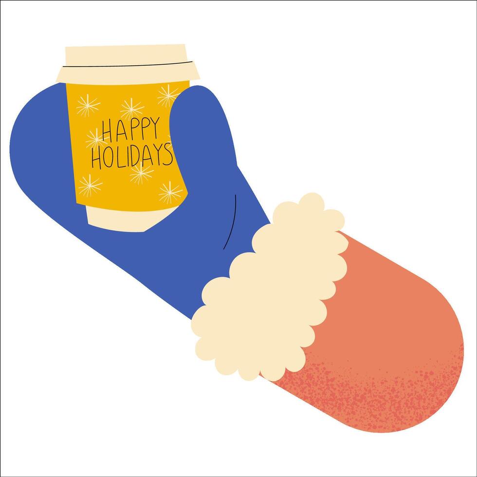 Coffee cups with snow. A hand in mittens holds a cup of coffee. Cup with Christmas design. Hello Winter seasonal concept. vector