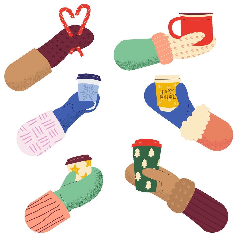 Set of hands with coffee cups with Christmas design. A hand in mittens holds a cup of coffee. Winter seasonal concept. vector