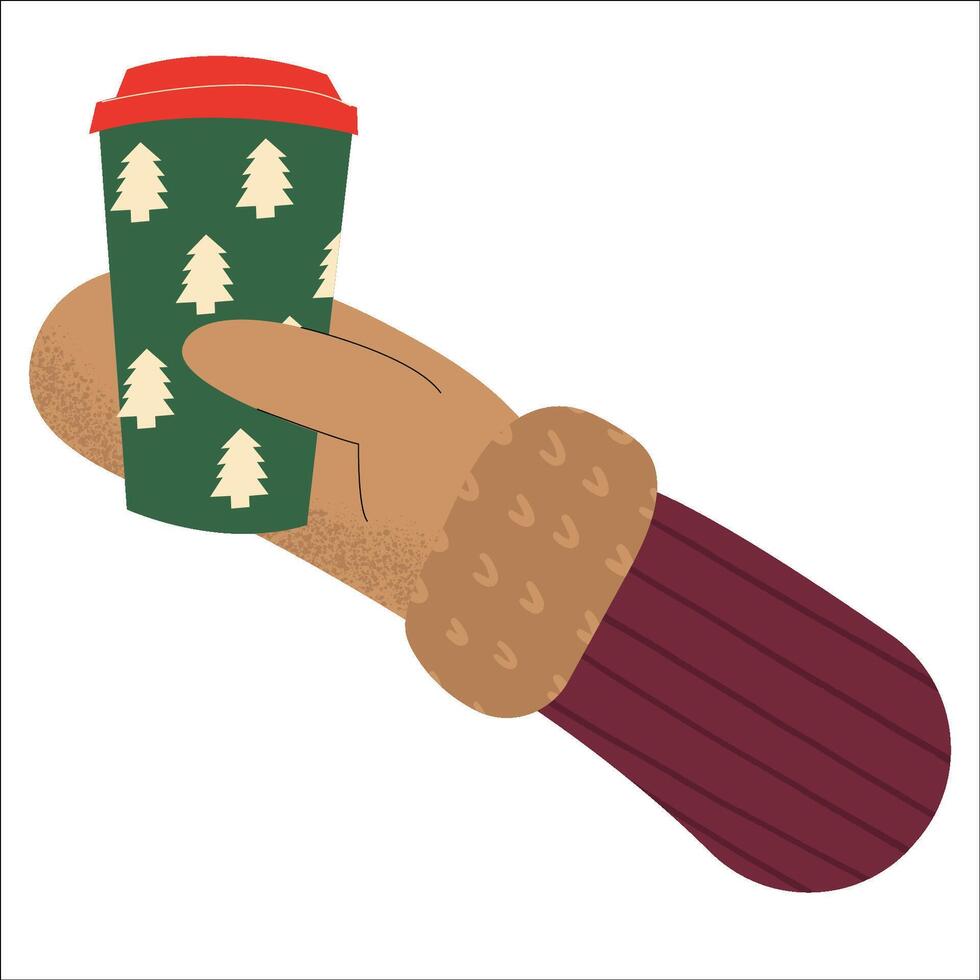 Coffee cups with christmas tree. A hand in mittens holds a cup of coffee. Cup with Christmas design. Hello Winter seasonal concept. vector