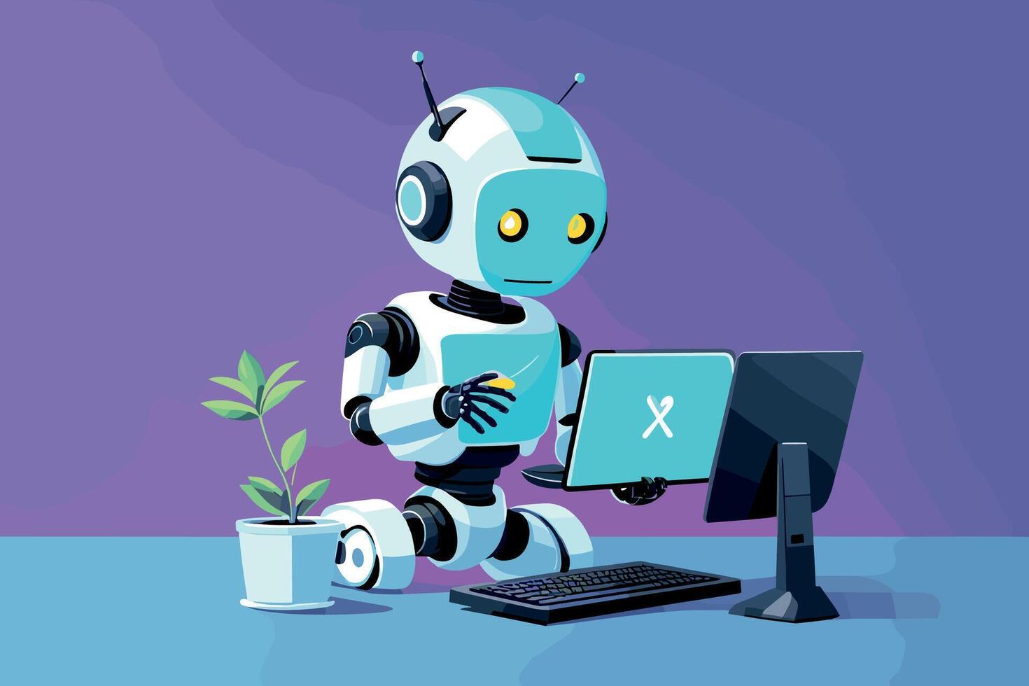 Futuristic Robot Interacting with Computer Screen vector