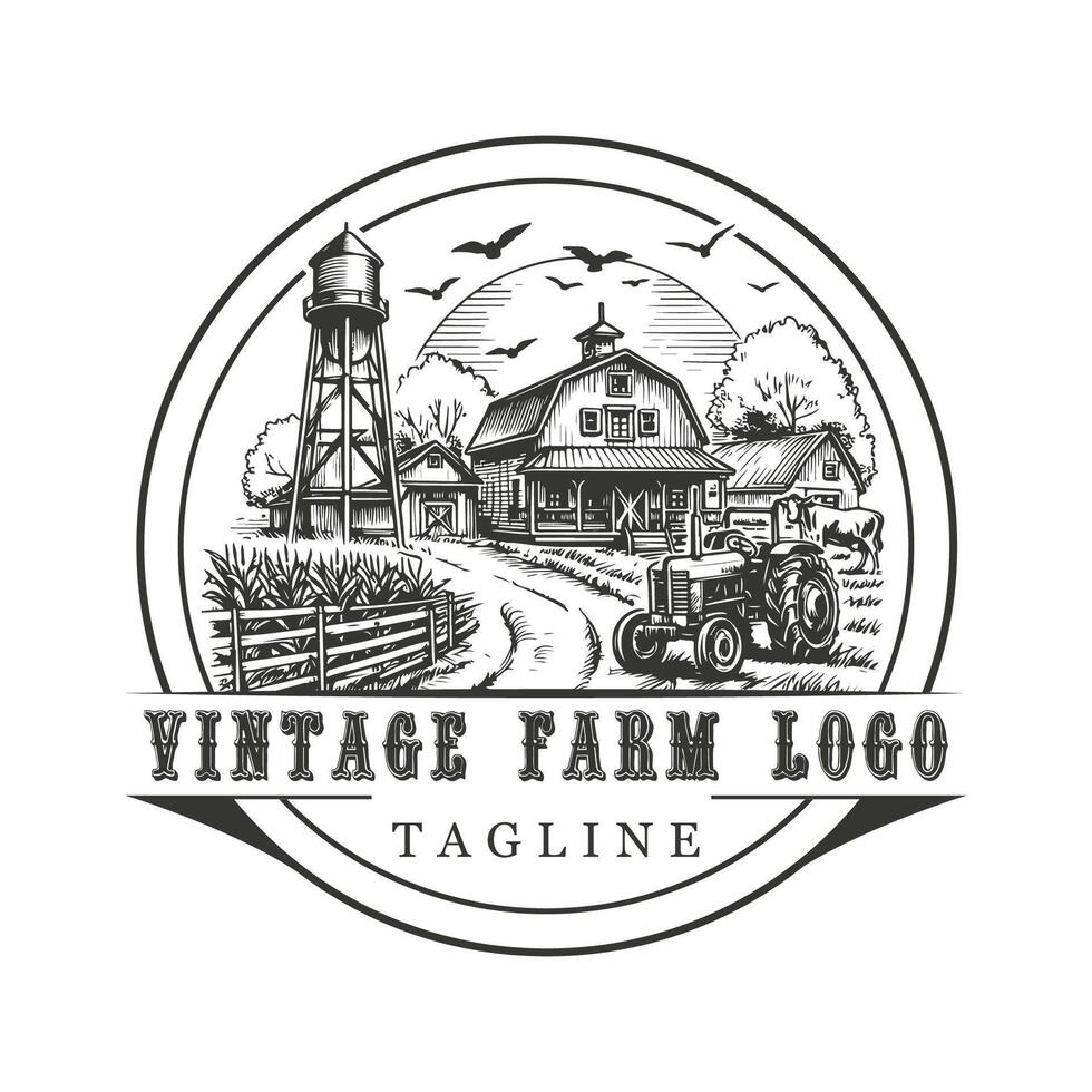 Classic Vintage Farm Logo with Water Tower and Tractor vector