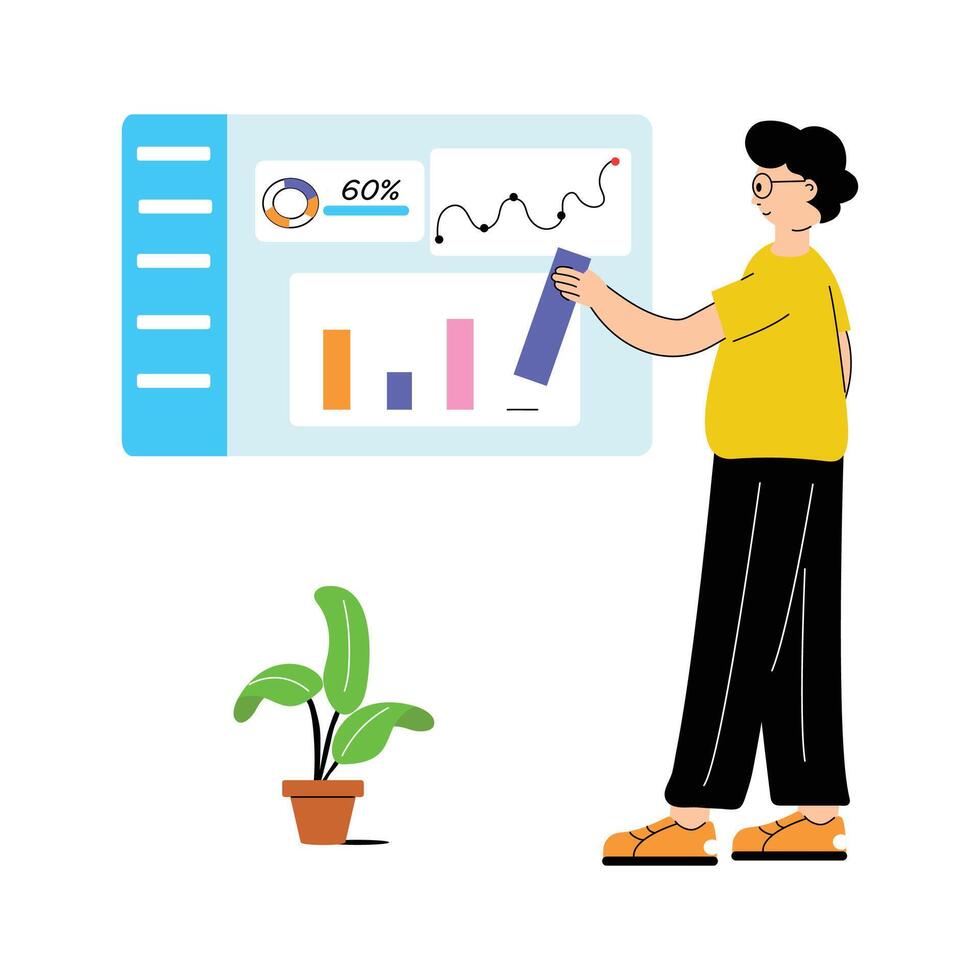 Analyst presenting data insights through an interactive dashboard interface vector