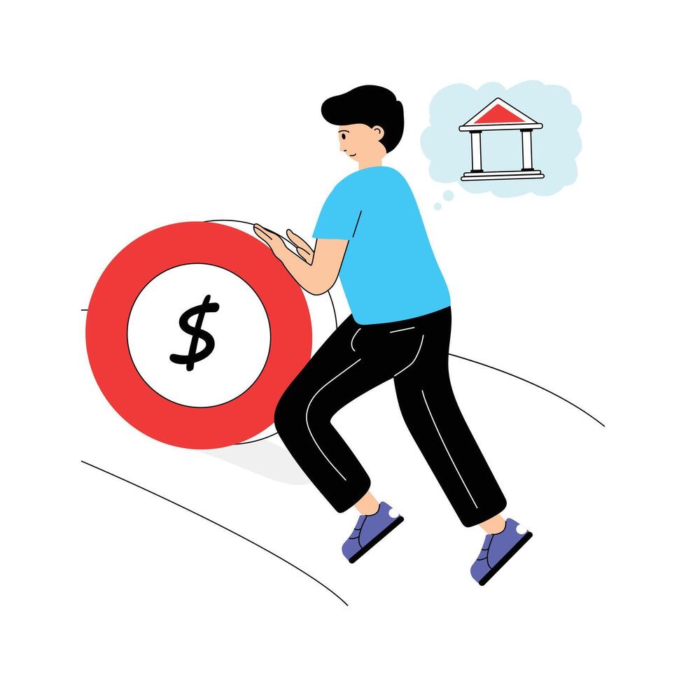 Man pushing a giant coin, symbolizing financial effort or saving vector