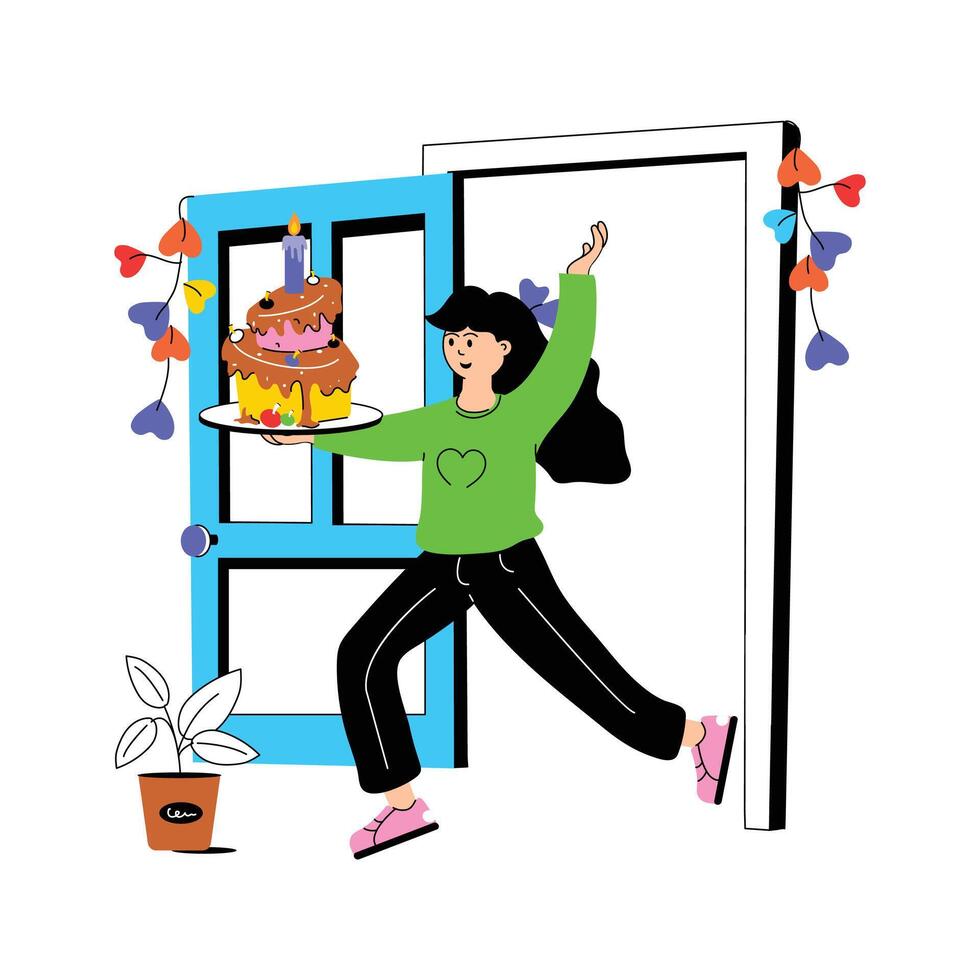 Birthday cake delivery character illustration in modern style vector