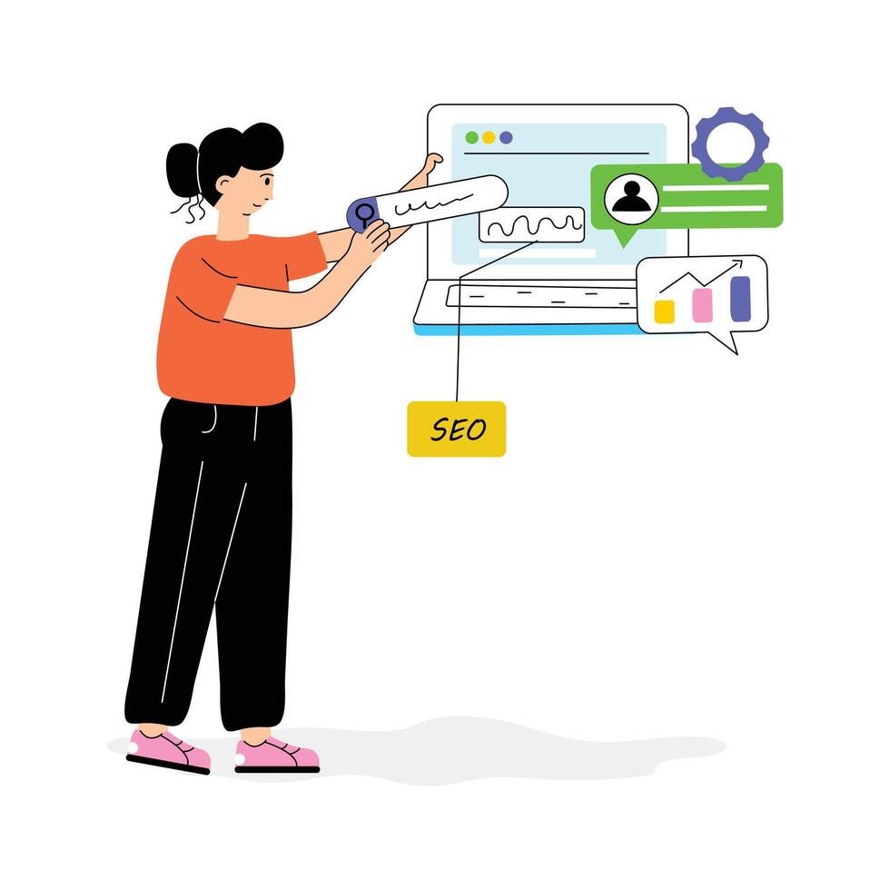 Woman optimizing website content to improve search engine ranking vector