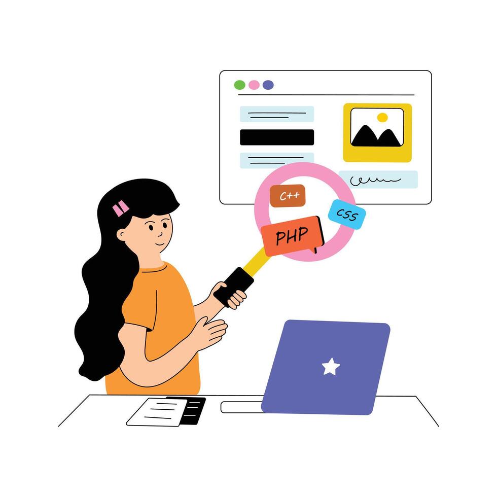 Woman testing a website for bugs, responsiveness, and performance issues vector