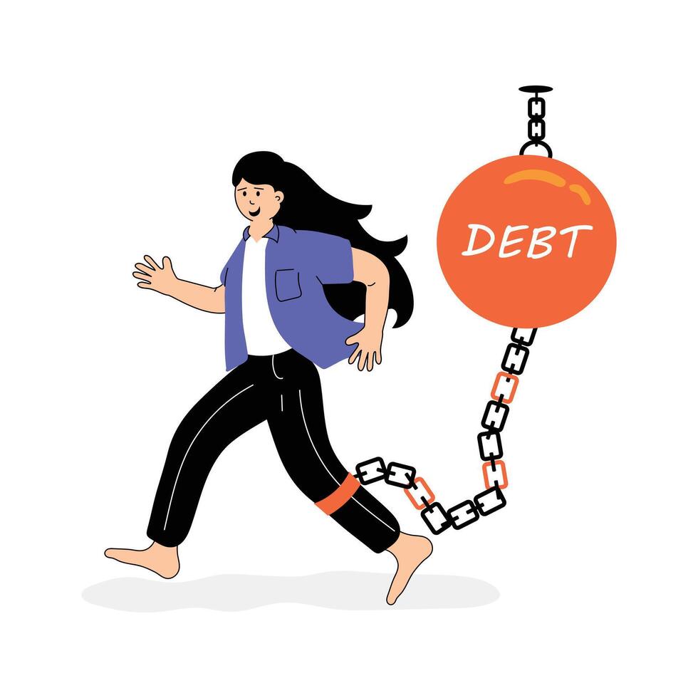 Woman struggling with debt, symbolized by a heavy chain vector