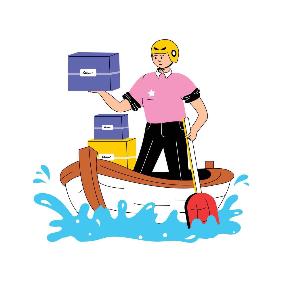 Man delivering parcel via boat, coastal delivery illustration vector