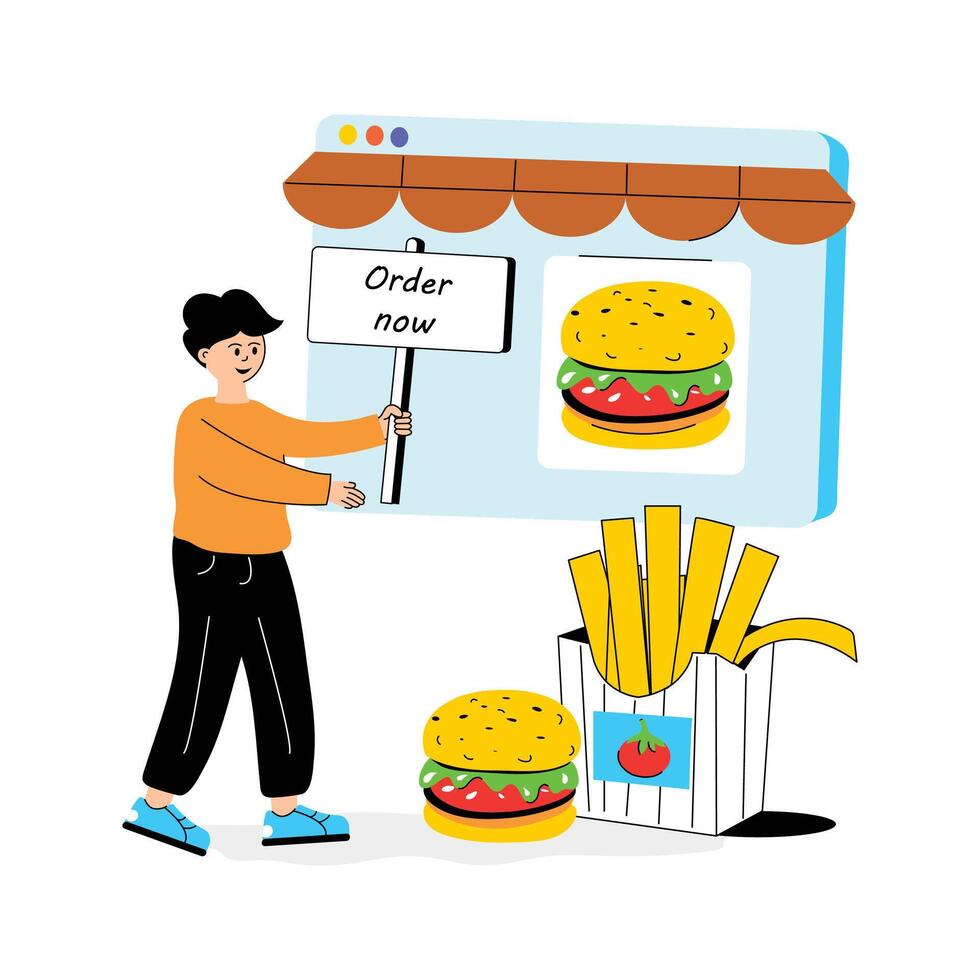 A person holding a sign promoting online ordering of burgers and fries. vector