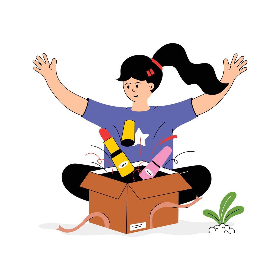 A customer unboxing a delivered package, parcel opening character illustration vector
