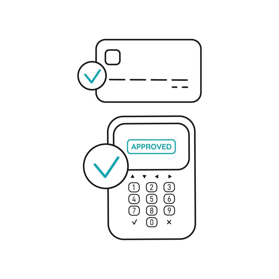 Approved payment by credit or debit card using POS terminal. Successful payment with green checkmark icon. Editable vector