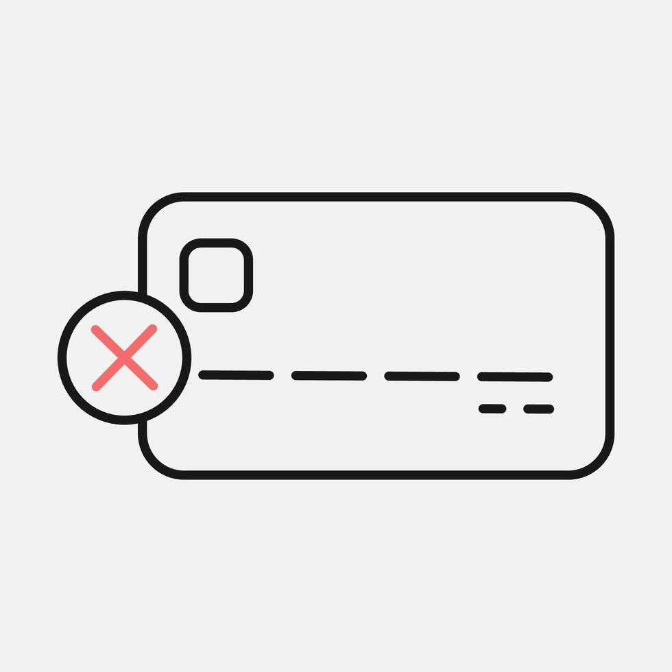 Declined payment icon via credit or debit bank card. Canceled payment concept. Red cross sign of rejected payment by card vector