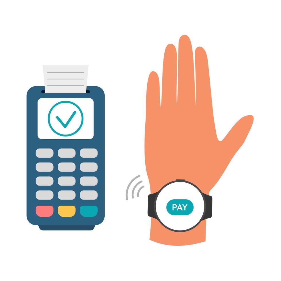Human hand is making payment using a contactless system on smartwatch. Pos terminal with printed receipt of successful transaction vector