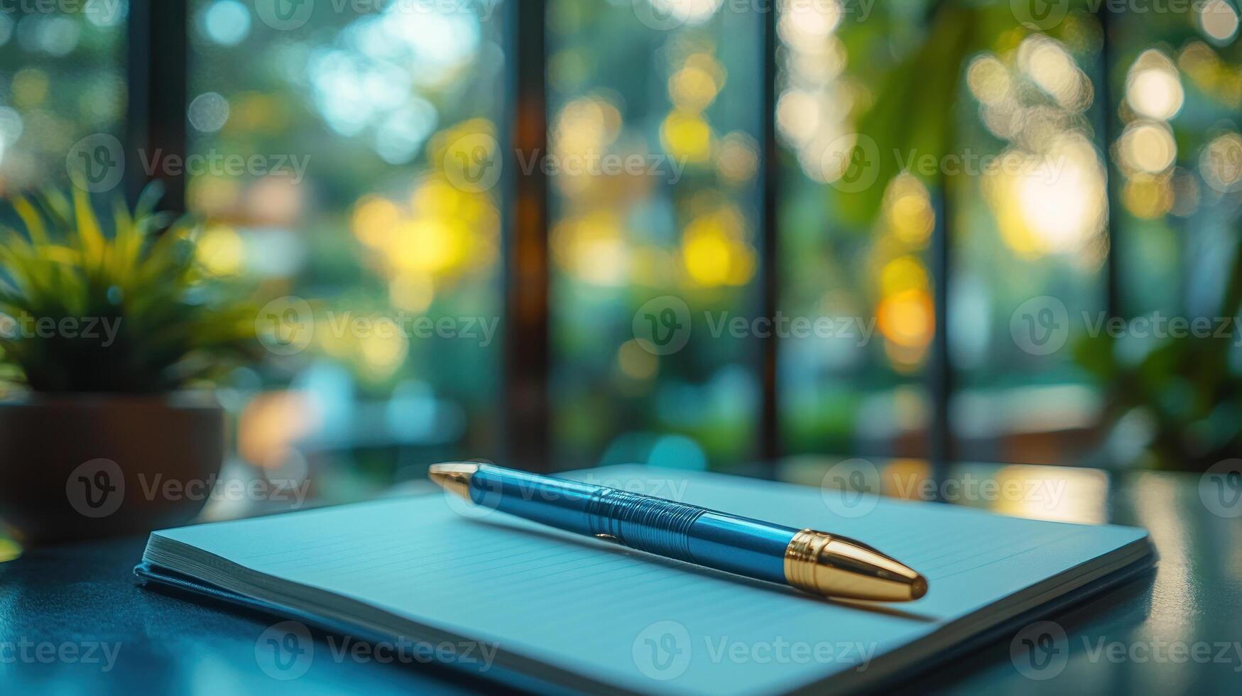 A creative photo of pen and notebook on desk, surrounded by greenery, evokes sense of inspiration and tranquility.