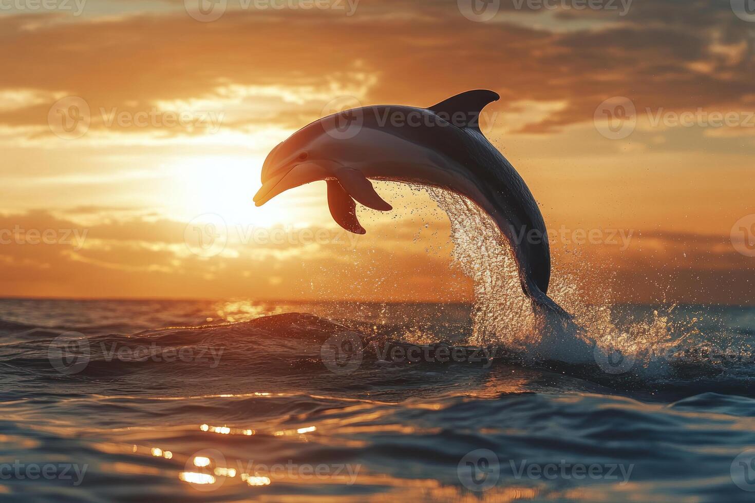 A dolphin leaps gracefully out of ocean at sunset, creating stunning silhouette against vibrant sky. scene captures beauty and energy of marine life. photo