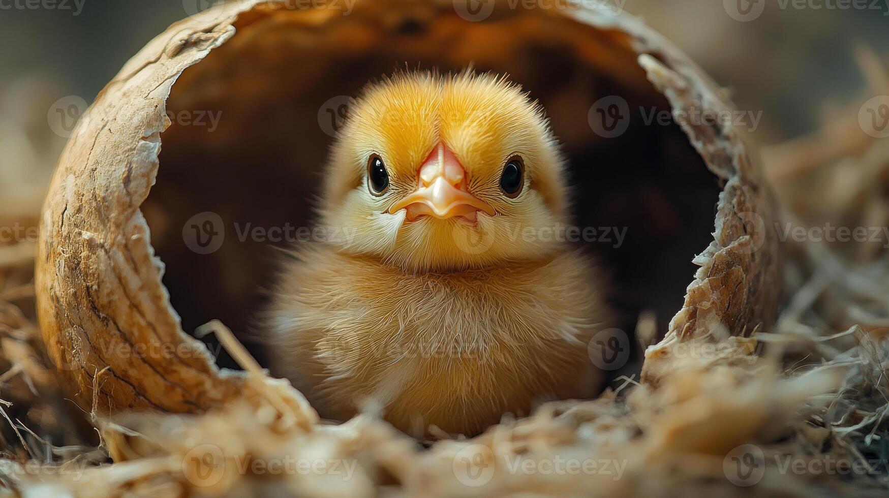 A newly hatched chick emerging from its shell, showcasing its soft yellow feathers and curious expression. This adorable moment captures essence of new life. photo