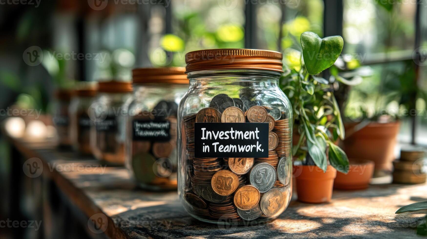 Investment in teamwork is symbolized by glass jar filled with coins, surrounded by greenery. photo