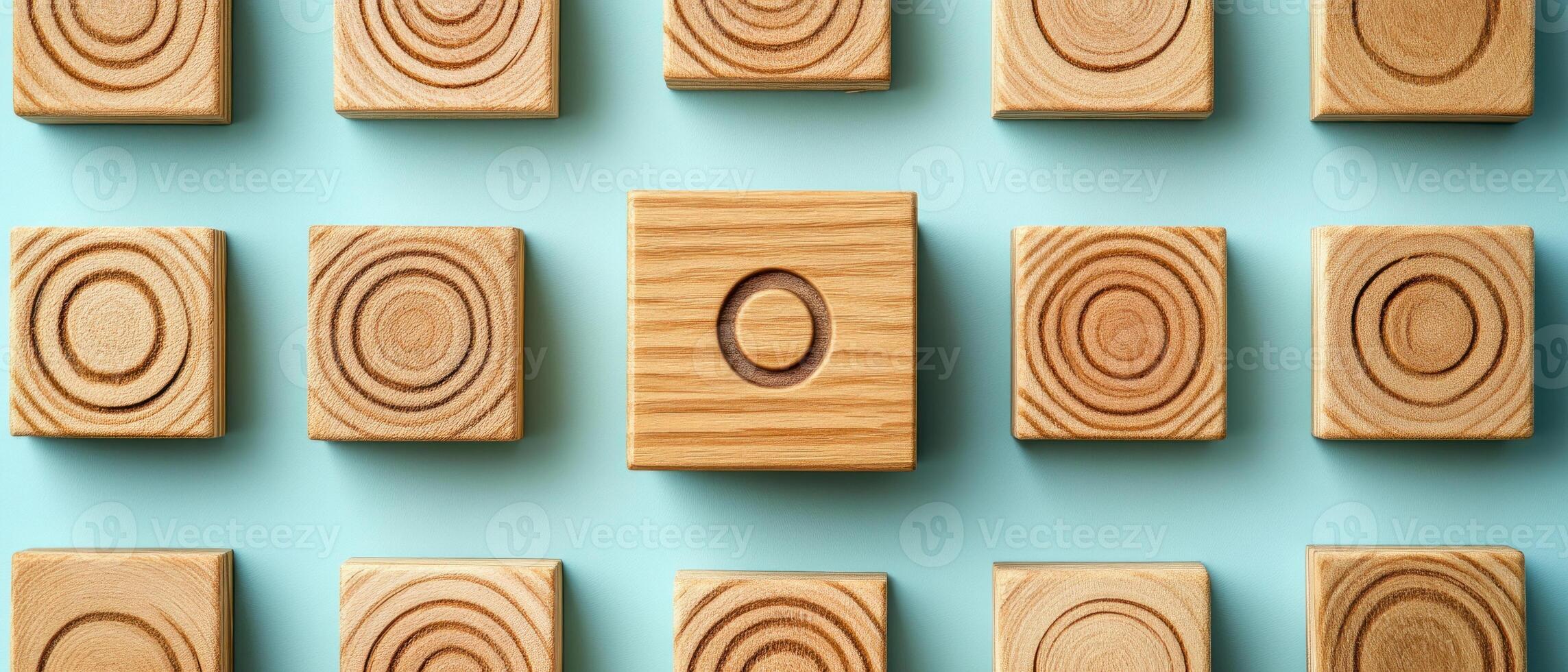 Conceptual illustration of wooden blocks arranged in pattern, featuring unique central block. design showcases natural textures and shapes, evoking creativity. photo