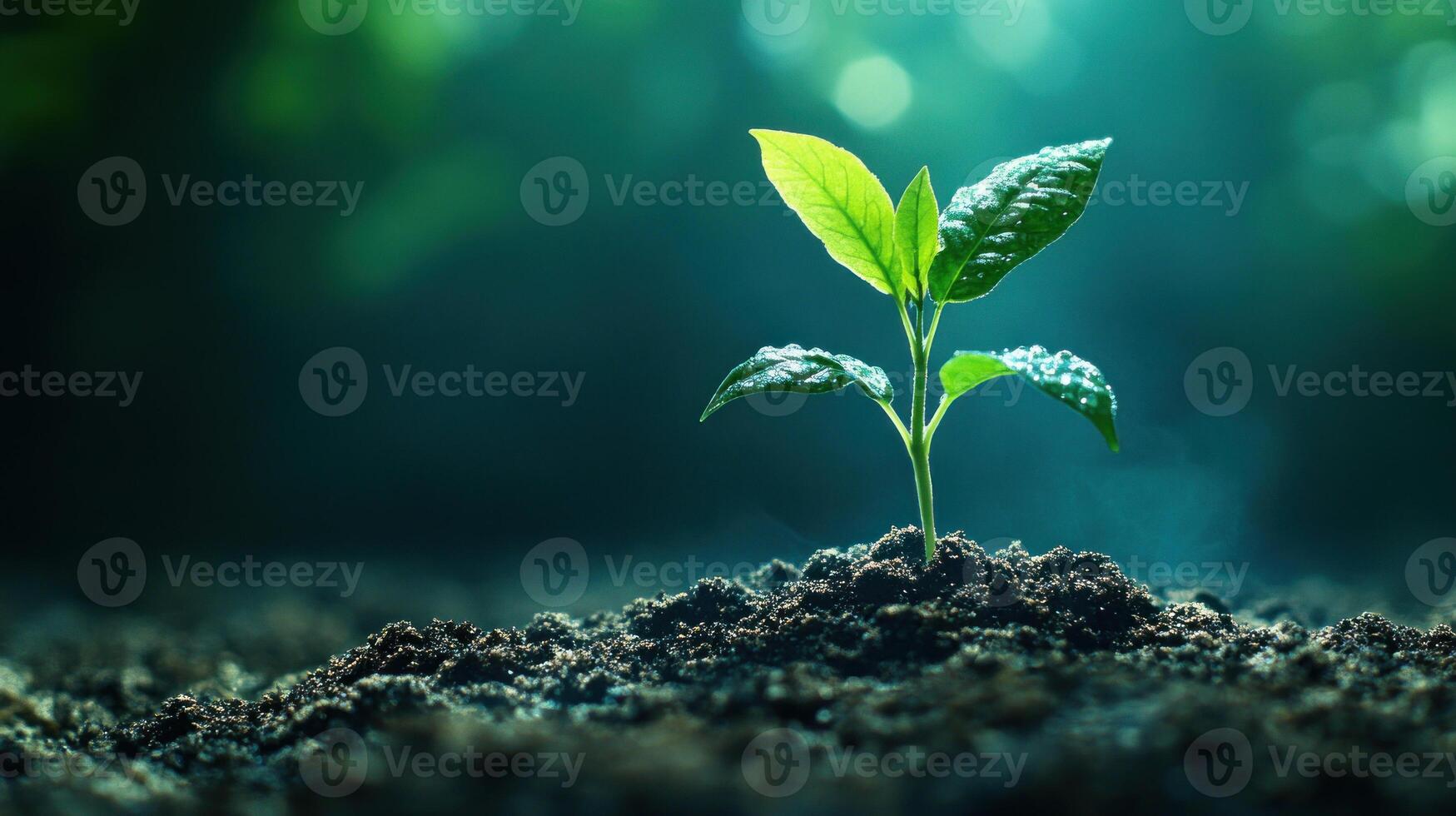 A young plant sprouting from soil, symbolizing growth and renewal in serene environment. photo