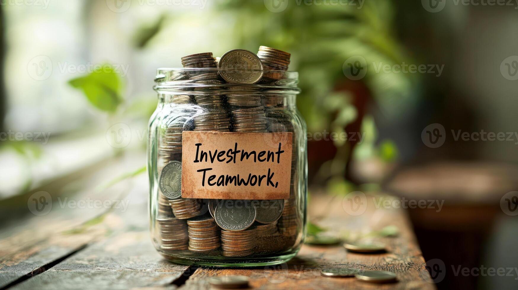 A glass jar filled with coins symbolizes investment and teamwork, showcasing financial growth and collaboration. photo