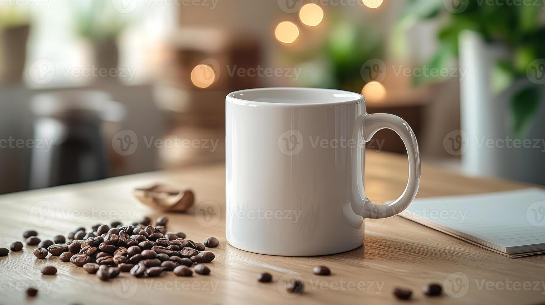 A minimalist coffee mug sits on wooden table surrounded by coffee beans, creating cozy atmosphere. photo