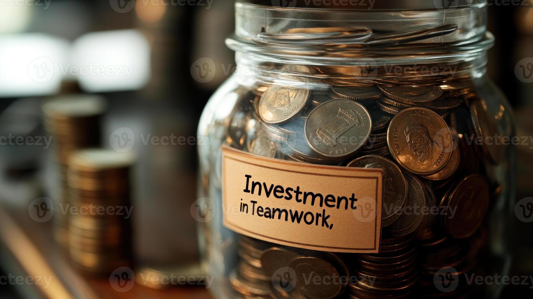 Investment in teamwork is symbolized by glass jar filled with coins, representing savings and collaboration. photo