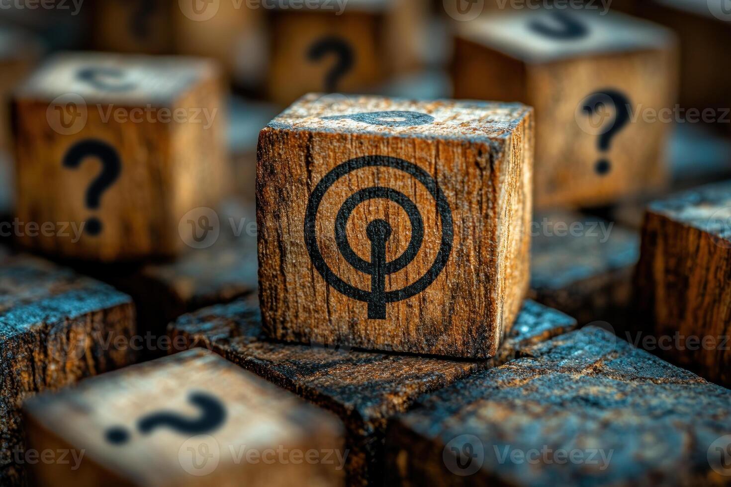 Wooden blocks with symbols create an intriguing visual, showcasing mix of designs and textures. focus on central block adds depth to composition. photo