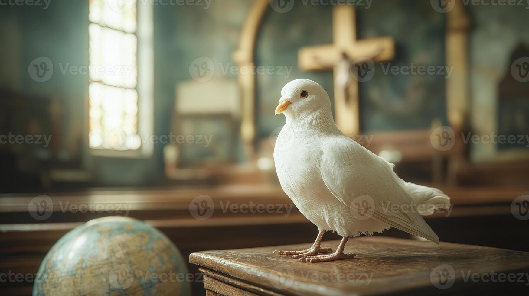 A white dove perched on wooden surface in church, symbolizing peace and spirituality, with cross in background. photo