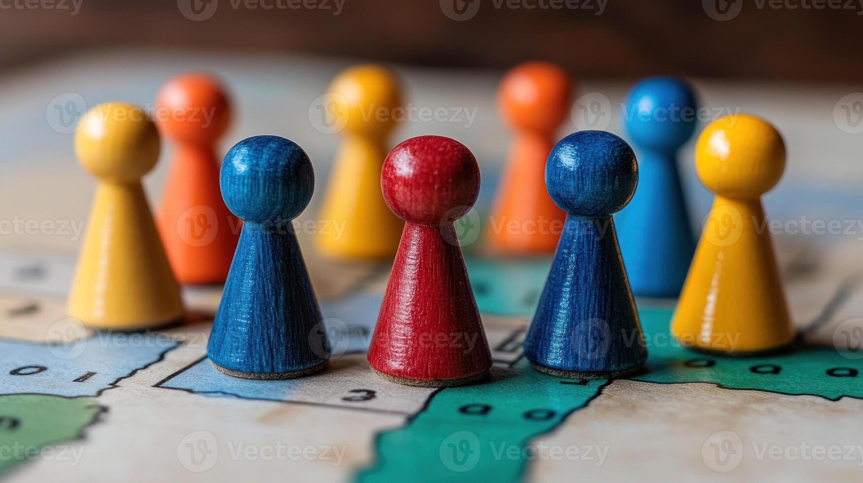 Colorful game pieces on map, representing strategy and teamwork in board games. photo
