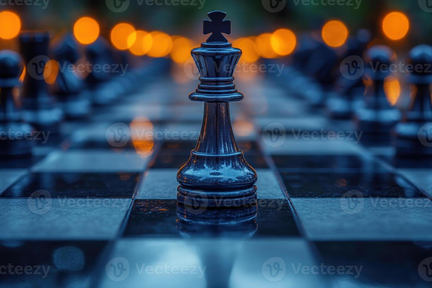 A creative close up shot of chessboard featuring prominent black king piece, surrounded by blurred chess pieces and warm bokeh lights, creating captivating atmosphere. photo